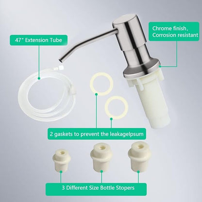 Soap Dispenser for Kitchen Sink, Built in Sink Soap Dispenser (Brushed Nickel), Countertop Soap Dispenser Pump with 47" Extension Tube kit, No Need to Fill Little Bottle Again (Longer Thread Shaft) - Image 7