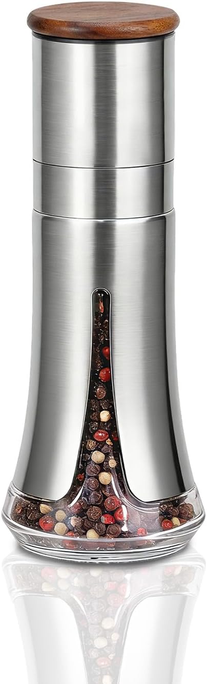 Aelga Pepper Mill - 4oz Stainless Steel Pepper Grinder Manual with 5-Level Adjustable Coarseness, Wood Lid, Silicone Funnel by Aelga