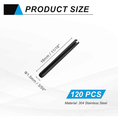 MECCANIXITY 120Pcs Slotted Split Roll Pins 3/50 Inch(1.5mm) Dia. 11/16 Inch(18mm) Length Steel Spring Tension Expansion Dowels for Secure Fastening, Black