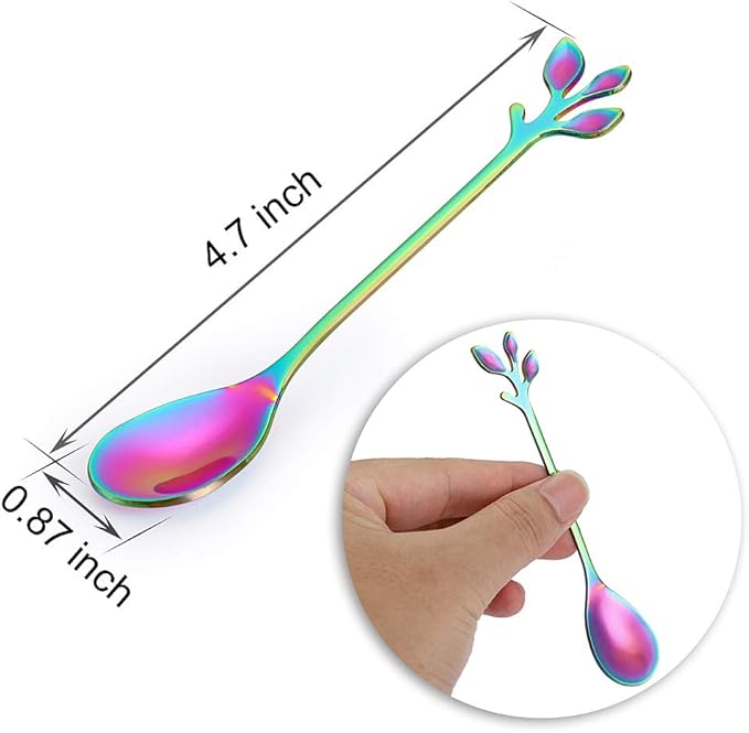 AnSaw Elegant Rainbow Leaf Coffee Spoons - 10-Piece, 4.7" Mini Stainless Steel Espresso & Dessert Tea Spoons, Perfect for Demitasse & Small Servings - Image 2