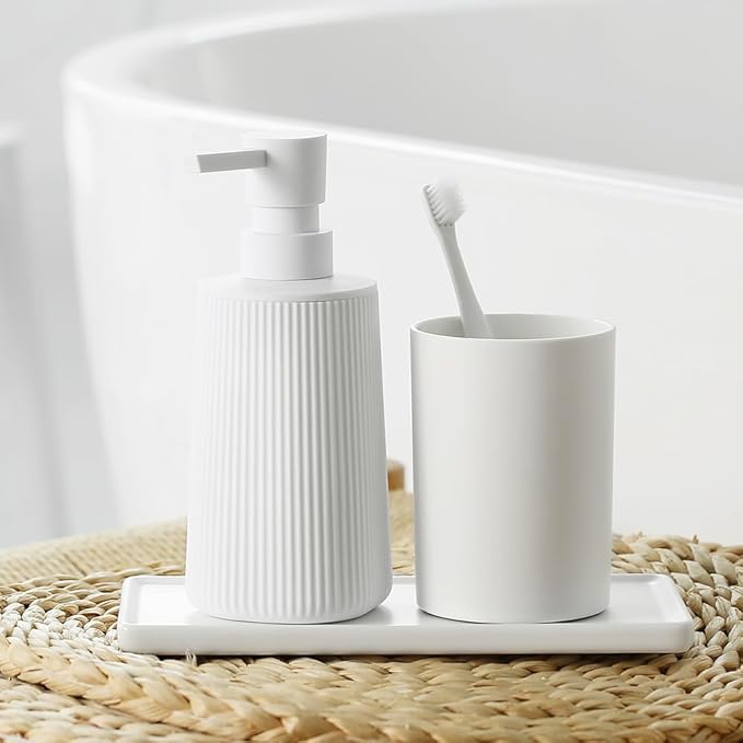 Small Soap Dispenser for Bathroom and Kitchen, Modern Farmhouse Striped Style Plastic Hand Soap Dish Soap Dispenser with Pump Matte White - Image 2