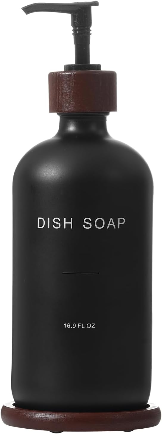 Dish Soap Dispenser, Refillable Soap Dispenser Kitchen with Tray, Glass Soap Dispenser with Pump, Suitable for Soap Dispenser for Kitchen Sink, Modern Home Decor. (Black)