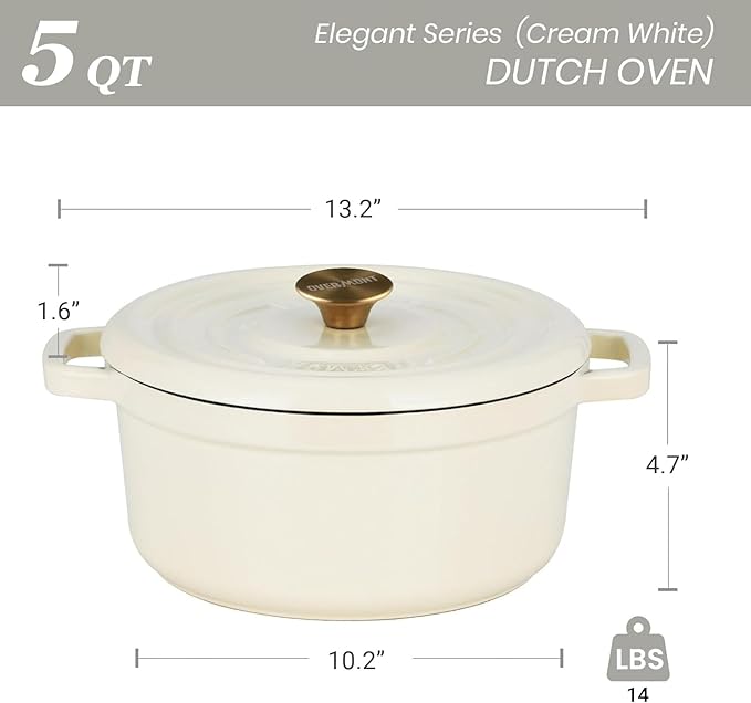 Overmont Enameled Cast Iron Dutch Oven - 5QT Pot with Lid Cookbook & Cotton Potholders - Heavy-Duty Cookware for Braising, Stews, Roasting, Sourdough Baking Cream white - Image 7