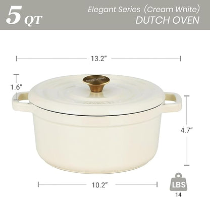 Overmont Enameled Cast Iron Dutch Oven - 5QT Pot with Lid Cookbook & Cotton Potholders - Heavy-Duty Cookware for Braising, Stews, Roasting, Sourdough Baking Cream white - Image 7