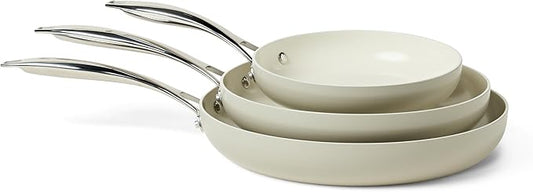 Amazon Basics Ceramic Nonstick Cookware, 3-Piece Set of Frying Pans, All Cooktop Induction Compatible, Dishwasher-Safe, Oven-Safe, Linen Gray by AmazonBasics