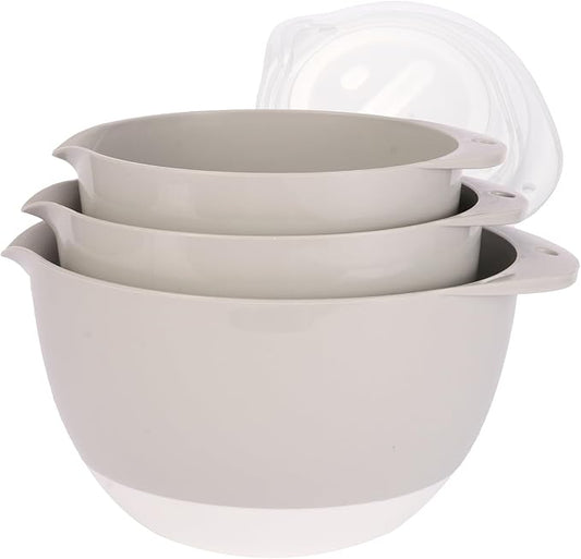 3 Plastic Mixing Bowls with Lids,Pour Spout,4.8in Deep Baking Mixing Bowl Set with TPR Bottom Non Slip,Kitchen Nesting Batter Bowls for Mixing,Prep Food,Dishwasher Safe,3Qt,2Qt,1.5Qt,Gray