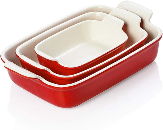 Sweejar Baking Pans Set, Ceramic 9x13 Baking Dish with Handle, Rectangular Casserole Dishes for Oven, Bakeware Sets of 3, Durable Lasagna Pan Deep for Kitchen, Banquet, Wedding Gift(Red) by Sweejarco1949