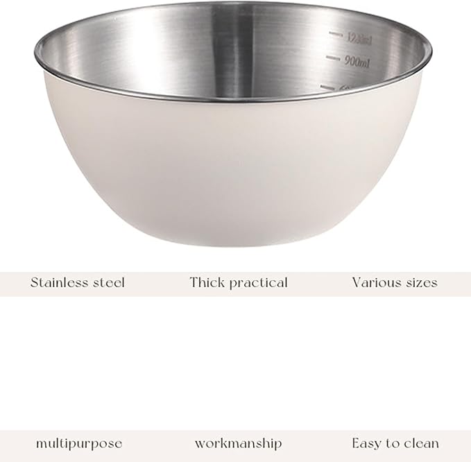 Stainless Steel Salad Bowls Set of 2 Mixing Bowl with Measurement Markings Snacks Bowls, Small 0.74 Quart White Serving Bowls for Mixing, Cooking, Prepping and Home Kitchen Food Storage Bowls