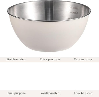 Stainless Steel Salad Bowls Set of 2 Mixing Bowl with Measurement Markings Snacks Bowls, Small 0.74 Quart White Serving Bowls for Mixing, Cooking, Prepping and Home Kitchen Food Storage Bowls
