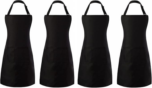 Tosewever 4 Pack Adjustable Bib Apron Waterdrop Resistant Apron with Pocket, Cooking Kitchen Restaurant Aprons for Women Men Chef, BBQ Drawing Crafting Outdoors (Polyester-Black, 4)