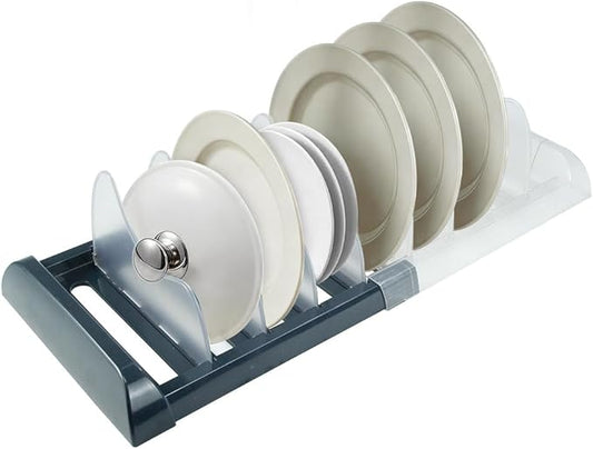 Expandable Pot and Pan Organizer Rack for Cabinet, Adjustable 35-58cm Kitchen Cabinet Organizer with 8 ABS Dividers for Lids, Cutting Boards, Bakeware, Dark Gray