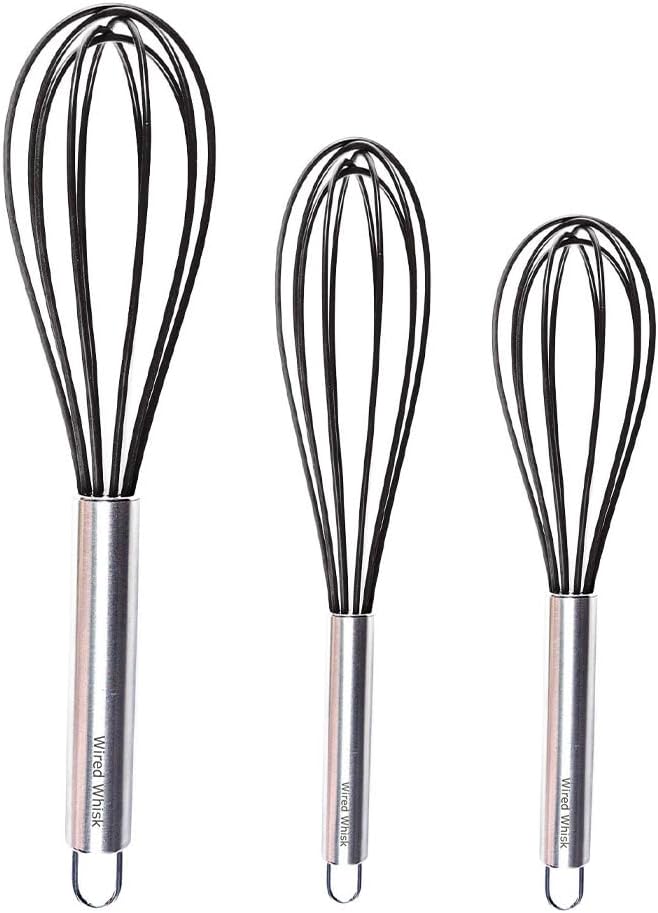 Silicone Whisk Set of 3 - Stainless Steel & Silicone Non-Stick Coating – wisking tool, Whisking, mini whisk, whisks for cooking (12-inch, 10-inch & 8.5-inch), egg whisk by Wired+Whisk