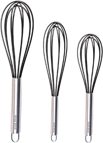 Silicone Whisk Set of 3 - Stainless Steel & Silicone Non-Stick Coating – wisking tool, Whisking, mini whisk, whisks for cooking (12-inch, 10-inch & 8.5-inch), egg whisk by Wired+Whisk