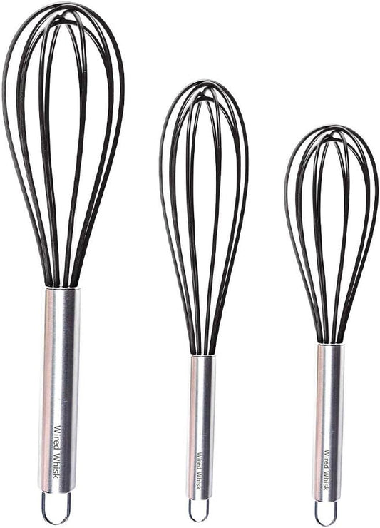 Silicone Whisk Set of 3 - Stainless Steel & Silicone Non-Stick Coating – wisking tool, Whisking, mini whisk, whisks for cooking (12-inch, 10-inch & 8.5-inch), egg whisk by Wired+Whisk