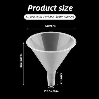 6 Pcs 4.7 Inch Wide Mouth Plastic Funnels,Multi-Purpose Clear Funnels with with Long Reaching Spout for Water Bottles,Oils,Kitchen, Easy and Smooth Content Transfer