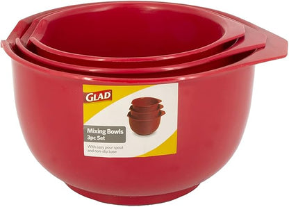 Glad Mixing Bowls with Pour Spout, Set of 3 | Nesting Design Saves Space | Non-Slip, BPA Free, Dishwasher Safe Plastic | Kitchen Cooking and Baking Supplies, Red - Image 4