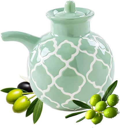 KXZ Ceramic Oil Dispenser with Lid – 13.5 oz Olive Oil Bottle for Kitchen, Soy Sauce or Vinegar, Decorative Ceramic Olive Bottle Dispenser, Small Oil Container Kitchen Cruet Decanter