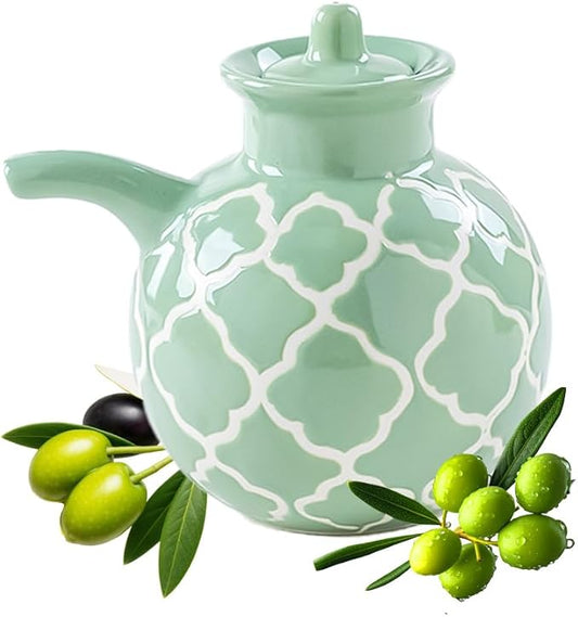 KXZ Ceramic Oil Dispenser with Lid – 13.5 oz Olive Oil Bottle for Kitchen, Soy Sauce or Vinegar, Decorative Ceramic Olive Bottle Dispenser, Small Oil Container Kitchen Cruet Decanter