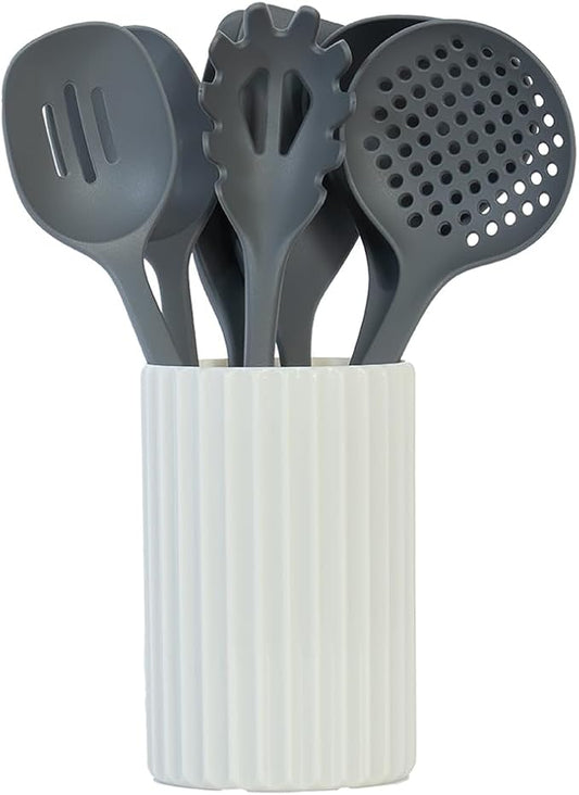 Glad Kitchen Utensils Set, 8pcs - Nonstick Cooking Tools with Utensil Holder - Nylon Spoon, Ladle, Skimmer, Spaghetti Server, and Turner Spatula Set - Dishwasher Safe, Grey by GladTrashFoodStorage