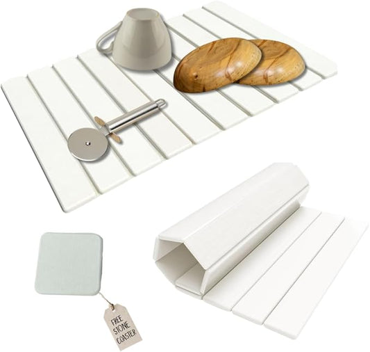 Roll-Up Stone Mat - Premium Diatomaceous Earth Dish Drying Rack, Water Absorbent Roll-Out Dish Drying Mat for Kitchen Countertops, Eco-Friendly, Quick-Dry Surface White