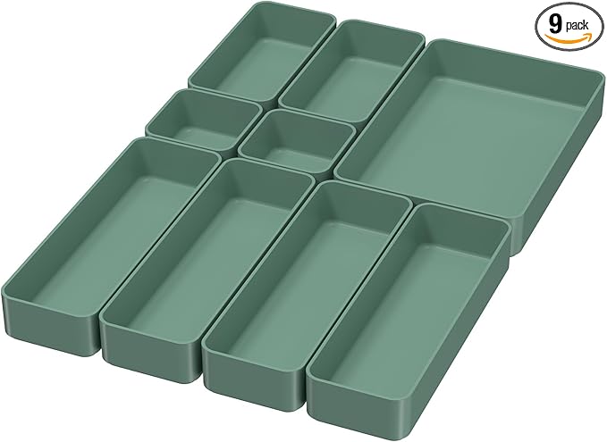 CHANCETSUI 9 Pcs Stackable Drawer Organizer Trays Set, Green, Multifunctional Storage for Vanity, Bathroom, Kitchen, Desk Drawer Organizer Office, PET Plastic by CHANCETSUI