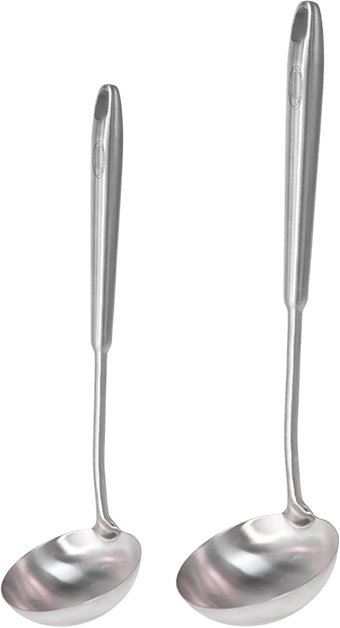 Newness 2 Pack Soup Ladle, [Rustproof, Heat Resistance, Integral Forming] Resilient 304 Stainless Steel Soup Spoon with Vacuum Ergonomic Round Handle, Cooking Spoon for Kitchen, 13.7 and 11.6 Inches by NewnessFocusOnStainlessSteel