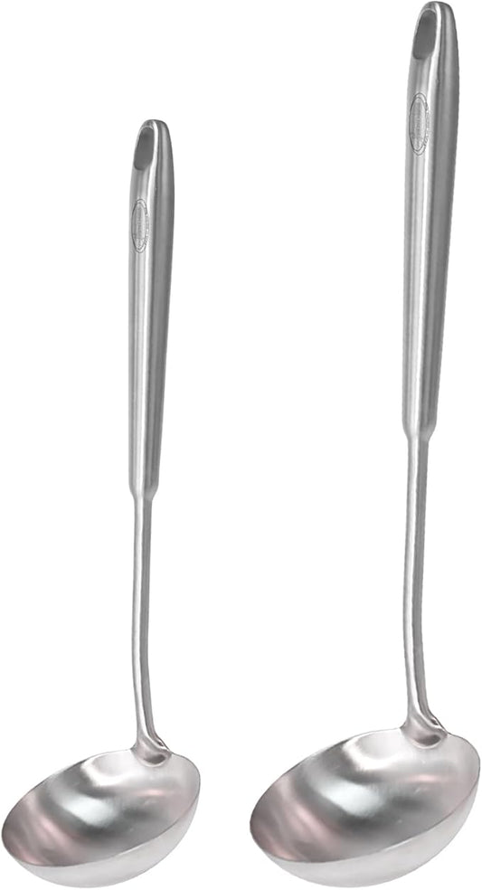 Newness 2 Pack Soup Ladle, [Rustproof, Heat Resistance, Integral Forming] Resilient 304 Stainless Steel Soup Spoon with Vacuum Ergonomic Round Handle, Cooking Spoon for Kitchen, 13.7 and 11.6 Inches by NewnessFocusOnStainlessSteel