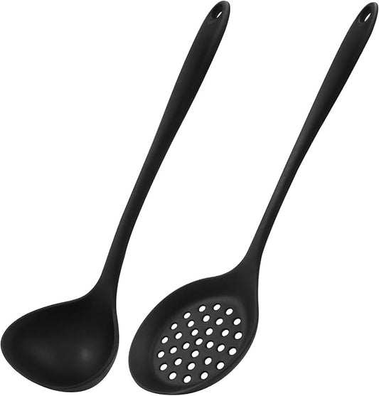 Jiozermi Silicone Soup Ladle and Slotted Spoon Set of 2, Heat Resistant Utensils for Cooking, Stirring, Serving, and Draining, Durable and Easy to Clean, Durable and Easy to Clean by Jiozermi