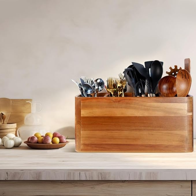 Wooden Kitchen Utensil Holder Organizer for Counter or Countertop, Large Wooden Utensil Holder for Storage Cooking and Silverware with 4 Compartment, Acacia Rustic Wood Container Extra Large - Image 5