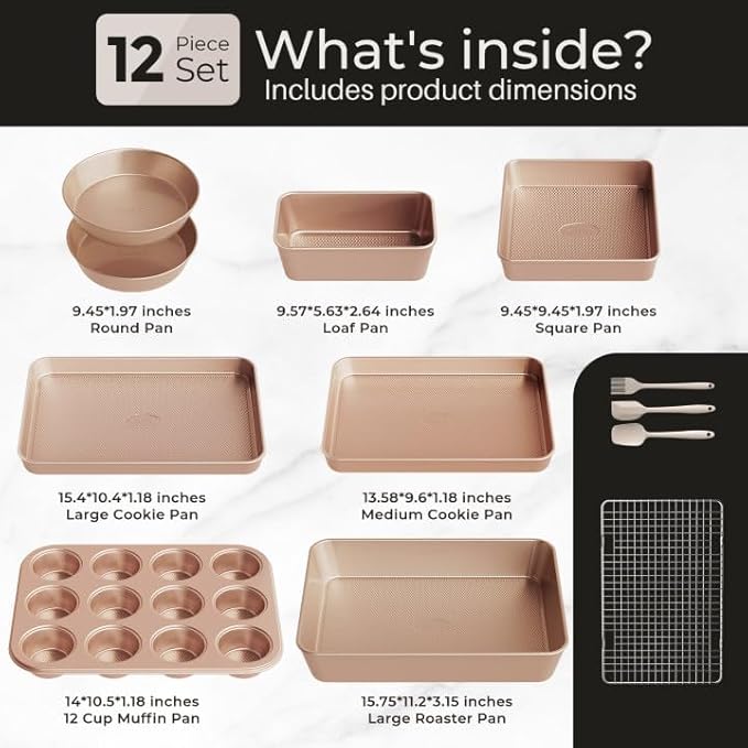 12-Piece Nonstick Bakeware Set with Baking Pan, Cake Pan, Muffin Pan, Loaf Pan, Square Pan, Roasting Pan, Cookie Pan, Cooling Rack & Utensils - Ceramic Coated Gold - Image 2