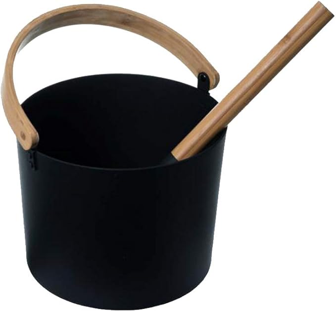 Sauna Bucket and Ladle Set, 1.85 Gallons (7L) Large Aluminum Sauna Bucket with Long Wooden Handle Spoon, SPA Shower Accessories, Saunas Accessories Set for Home Saunas (Color:Black)