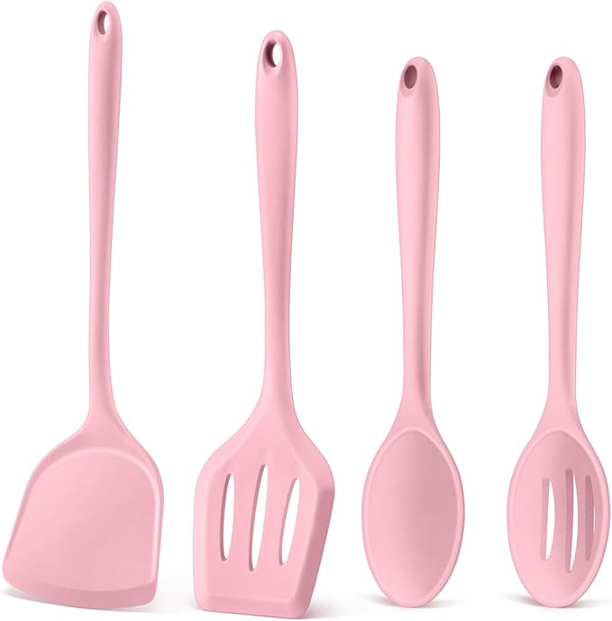 P&P CHEF Kitchen Utensil Set, 4 Pieces Non-stick Silicone Cooking Utensils, Heat-resistant Slotted Solid Spoon Turner for Frying, Mixing, Serving, Non-toxic & Easy to Clean, Pink by PPCHEF