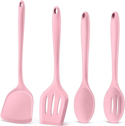 P&P CHEF Kitchen Utensil Set, 4 Pieces Non-stick Silicone Cooking Utensils, Heat-resistant Slotted Solid Spoon Turner for Frying, Mixing, Serving, Non-toxic & Easy to Clean, Pink by PPCHEF