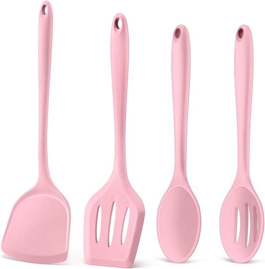 P&P CHEF Kitchen Utensil Set, 4 Pieces Non-stick Silicone Cooking Utensils, Heat-resistant Slotted Solid Spoon Turner for Frying, Mixing, Serving, Non-toxic & Easy to Clean, Pink by PPCHEF