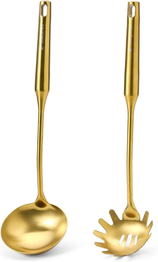 Gold Soup Ladle and Spaghetti Spoon Set - 18/10 Stainless Steel Soup Spoon，Pasta Strainer, 13.8" Kitchen Utensils for Cooking，Stirring, Serving Pasta, Soup & Sauce, Christmas Gifts by Mamajardin
