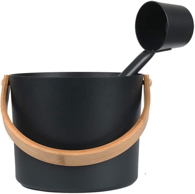 Sauna Bucket and Ladle Set, 1.85 Gallons (7L) Large Aluminum Sauna Bucket with Long Wooden Handle Spoon, SPA Shower Accessories, Saunas Accessories Set for Home Saunas (Color:Black)
