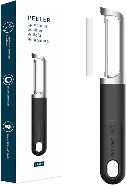 KITCHENDAO Swivel Vegetable Potato Peeler for Kitchen -Durable Japanese 420J2 Stainless Steel Sharp Dual Blade- Built-in Eye Remover, Ergonomic Soft-touch Handle - Dishwasher Safe-Black by KITCHENDAO