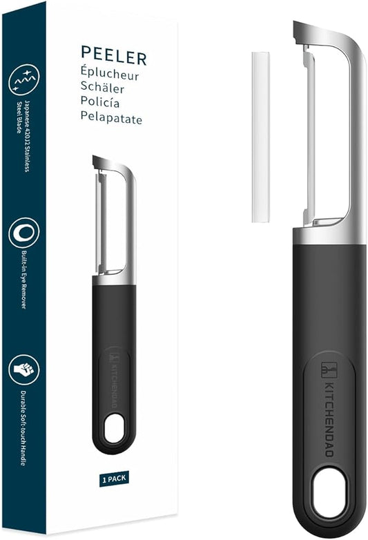 KITCHENDAO Swivel Vegetable Potato Peeler for Kitchen -Durable Japanese 420J2 Stainless Steel Sharp Dual Blade- Built-in Eye Remover, Ergonomic Soft-touch Handle - Dishwasher Safe-Black by KITCHENDAO