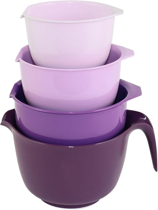 Glad Mixing Bowls with Pour Spout, Set of 4 - Nesting Plastic Bowls (1.2qt, 1.9qt, 2.8qt, and 3qt with Handle) - Non Slip Base, Dishwasher Safe Kitchen Cooking and Baking Supplies, Purple by GladTrashFoodStorage
