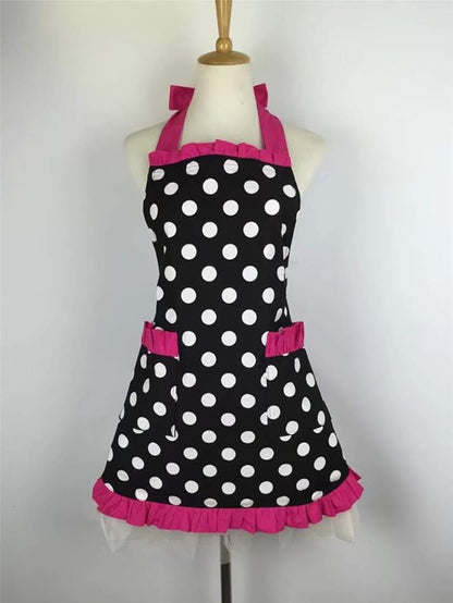 Hyzrz Cute Apron Retro Black Polka Dot Retro Ruffle Side Vintage Cooking Aprons with Pockets for Women Girls (Side Rose Red)