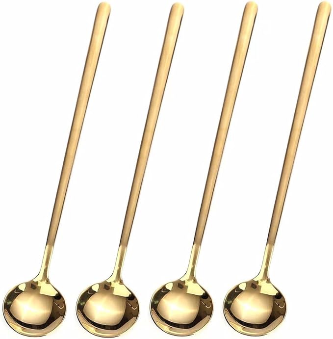 4 PCS 6.7 Inches Coffee/ Tea Spoons Long Handle, Gold, Ice Tea, Espresso Stainless Steel Long Spoons for Stirring by GENRICE
