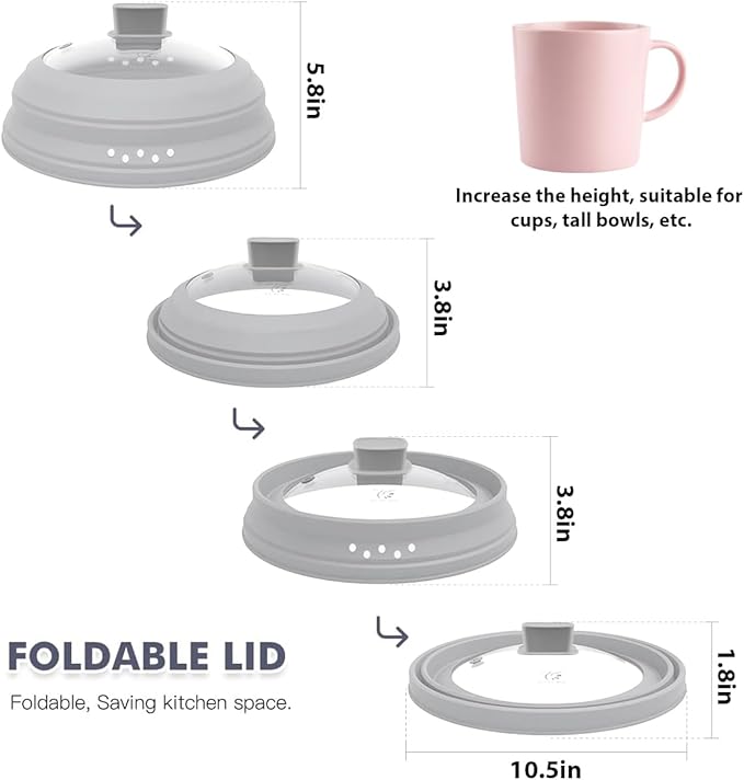 Tall Microwave Splatter Cover Glass Cover Guard Lid 5.8 inch Height with Collapsible Silicone for Food Pot Plate 10.8 inch Grey