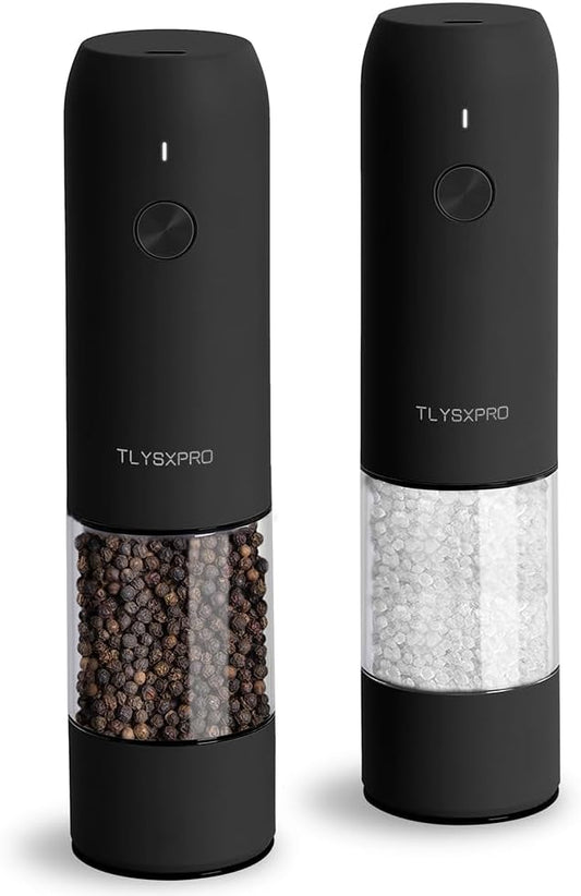 Electric Salt and Pepper Grinder Set, USB Rechargeable, Automatic Salt and Pepper Mill Grinder with Adjustable Coarseness, Electric Salt Shakers, LED Light, Refillable (2 Packs, Black) by TLYSXPROOfficial