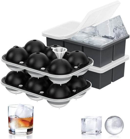ROTTAY Ice Cube Trays (Set of 4), Sphere Ice Ball Maker with Lid & Large Square Ice Cube Maker for Whiskey, Cocktails and Homemade, Keep Drinks Chilled by Rottay