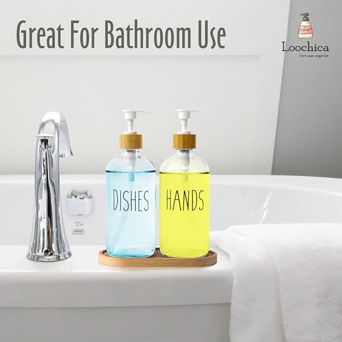 LOOCHICA Clear Glass Soap Dispenser Set with Tray, Transparent Dish and Hand Soap Dispenser Set, Refillable Reusable Apothecary Soap Pump Dispenser Bottles for Bathroom and Kitchen - Image 4
