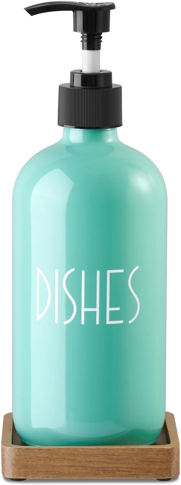 Turquoise Glass Dish Soap Dispenser with Acacia Wood Tray, 16 oz Refillable Kitchen Soap Pump Bottle, Decorative Teal Countertop Soap Dispenser Set for Kitchen, Bathroom, Restaurant by Unknown