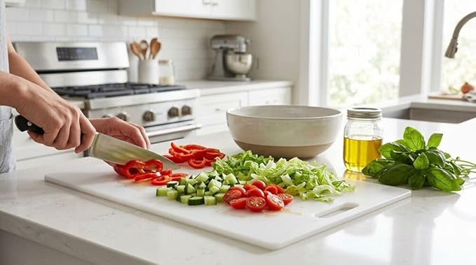 Farberware Extra-Large Plastic Cutting Board, Dishwasher- Safe Poly Chopping Board for Kitchen Meal Prep with Easy Grip Handle, 12-inch by 18-inch, White - Image 9