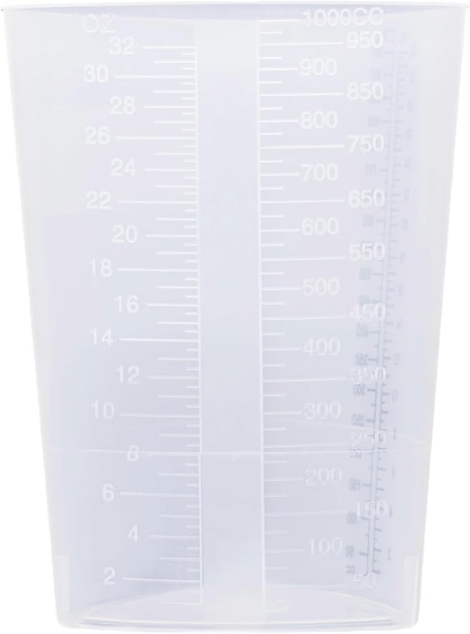 Vakly Plastic Graduated Triangular Intake Output Container [5 Pack] 32 ounce Three-Sided Translucent Laboratory Beaker for Measuring & Mixing - Clear Markings in oz & cc - for Specimen, Paint & Epoxy