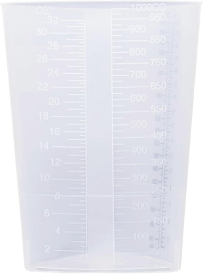 Vakly Plastic Graduated Triangular Intake Output Container [5 Pack] 32 ounce Three-Sided Translucent Laboratory Beaker for Measuring & Mixing - Clear Markings in oz & cc - for Specimen, Paint & Epoxy