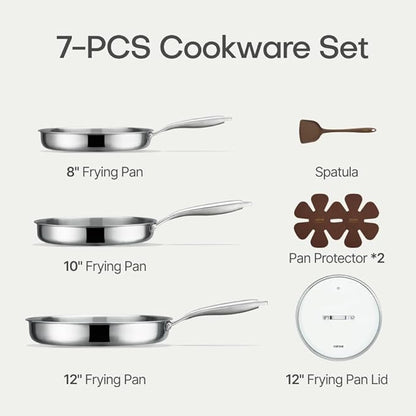 CAROTE 7-Piece Tri-Ply Stainless Steel Frying Pan Set, Skillet Set 8"/10"/12", Induction Compatible, Oven & Dishwasher Safe, Silver Handle